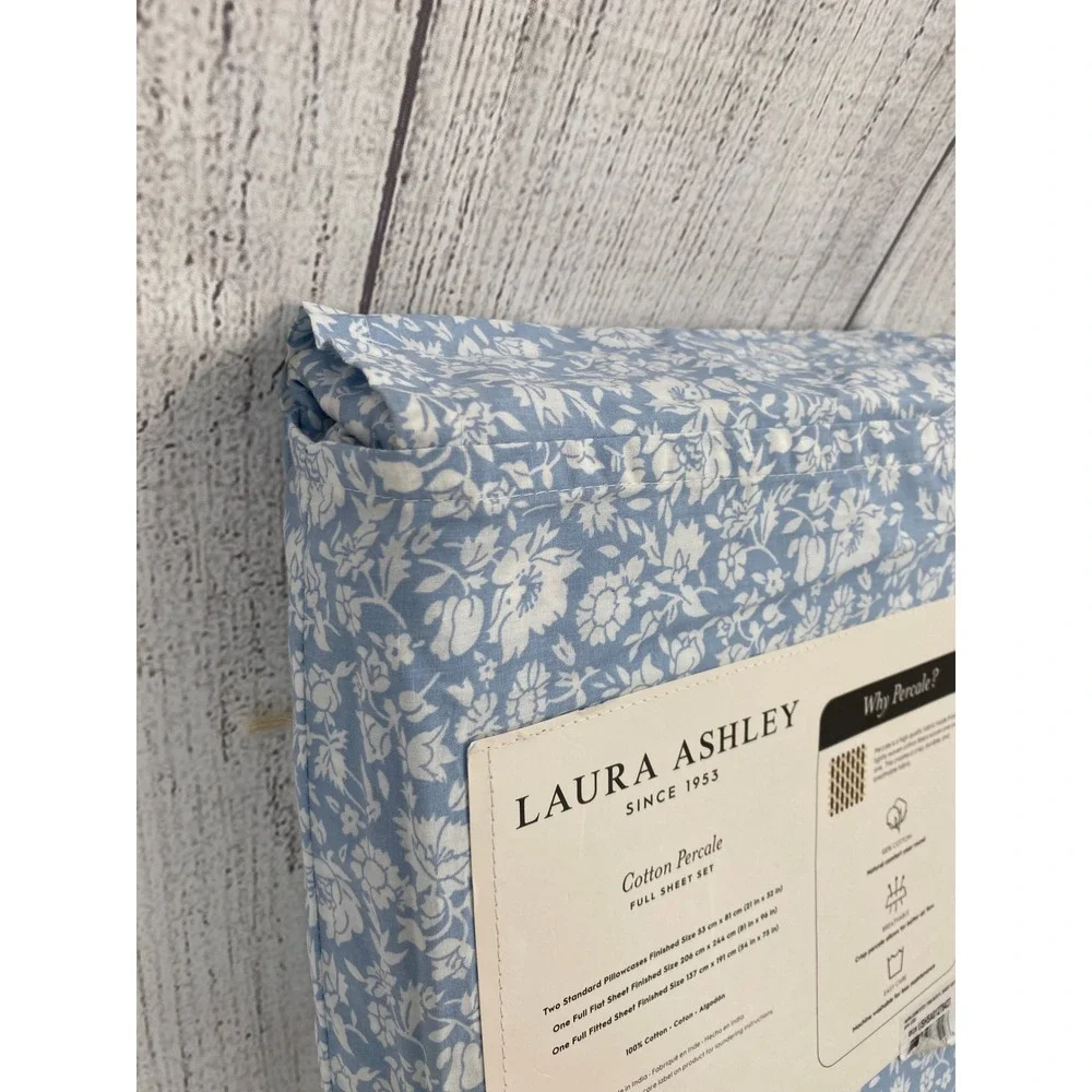 Laura Ashley Sheet Set FULL Blue White Floral Cotton Percale Heirloom Ditzy